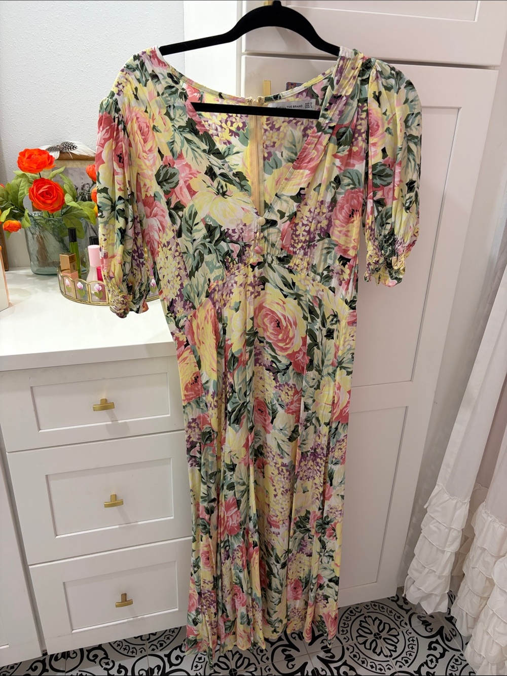 Faithfull the Brand Yellow Floral V-Neck Maxi Dress with Pink Roses